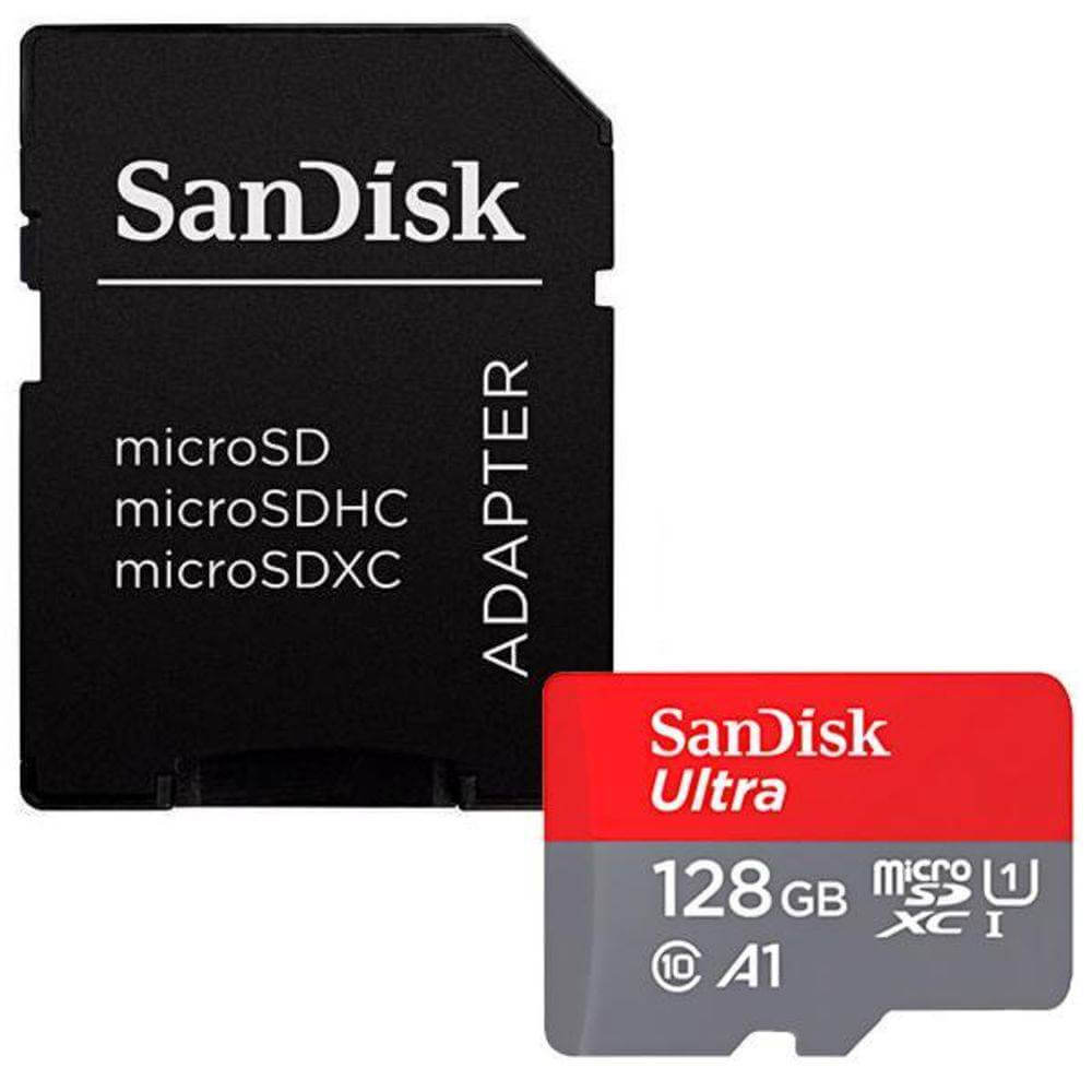 Cartão MicroSDXC SanDisk Ultra 128Gb de 100Mb/s, Classe10, UHS-I e A1 Cartão MicroSDXC SanDisk Ultra 128Gb de 100Mb/s, Classe10, UHS-I e A1
