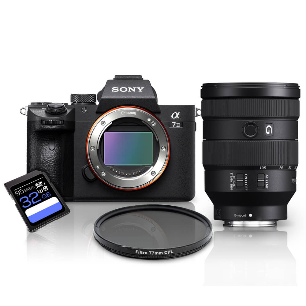 Kit-Sony-a7III-Mirrorless---Lente-Sony-FE-24-105mm-G-OSS---Filtro-CPL-77mm---Cartao-SDXC-32Gb-de-95Mb-s Kit-Sony-a7III-Mirrorless---Lente-Sony-FE-24-105mm-G-OSS---Filtro-CPL-77mm---Cartao-SDXC-32Gb-de-95Mb-s