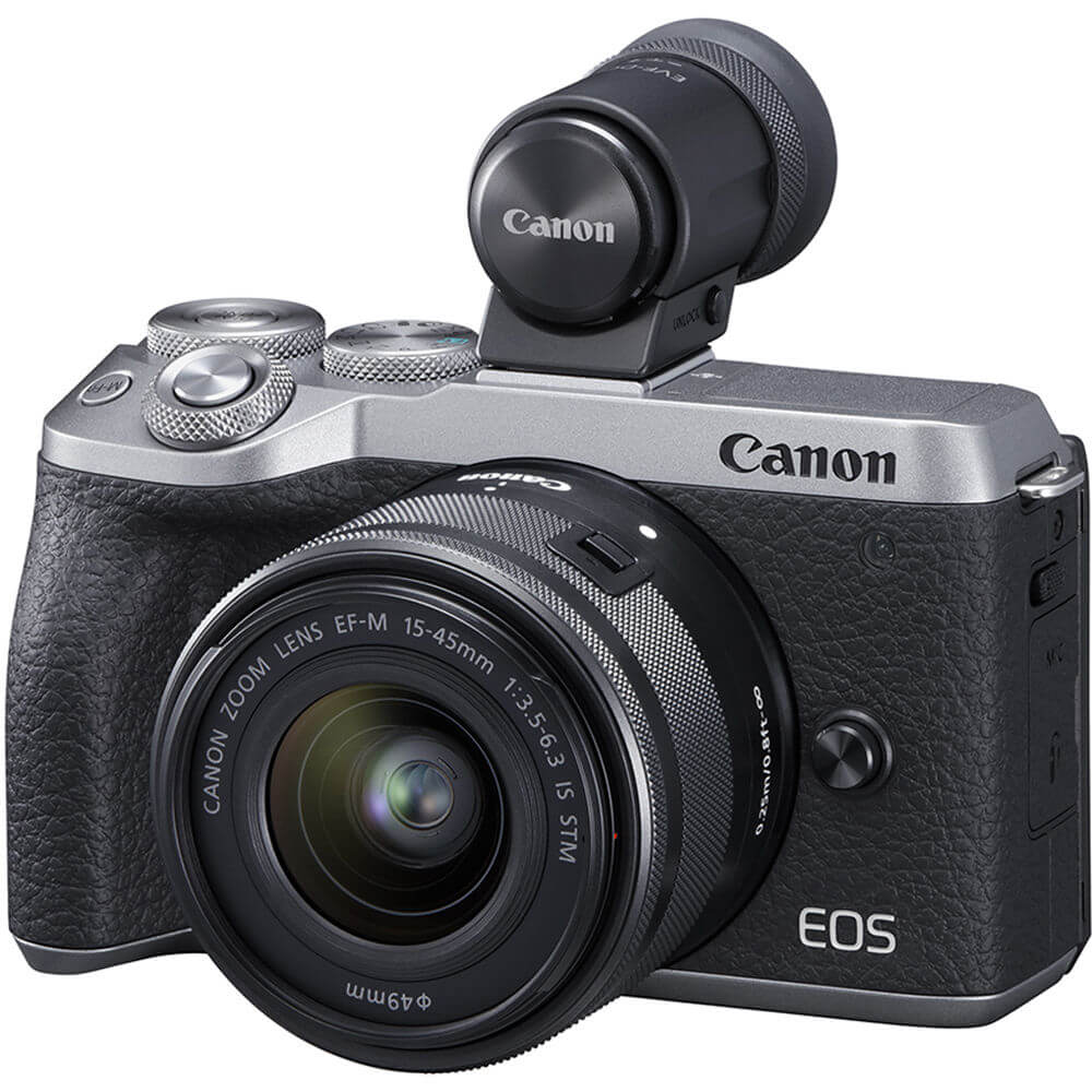 Canon M6 MII Mirrorless 15-45mm VF Prata - eMania Foto e Video
