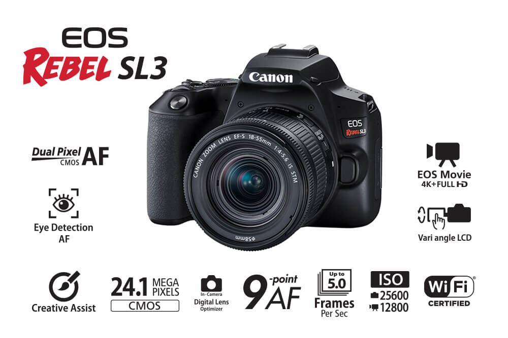 Kit Canon SL3 4K + Lentes 18-55mm 55-250mm - eMania Foto e Video