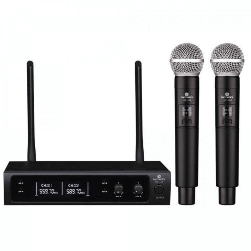 Sistema-Sem-Fio-Duplo-Microfone-Mao-Harmonics-HSF-102-Wireless-UHF Sistema-Sem-Fio-Duplo-Microfone-Mao-Harmonics-HSF-102-Wireless-UHF
