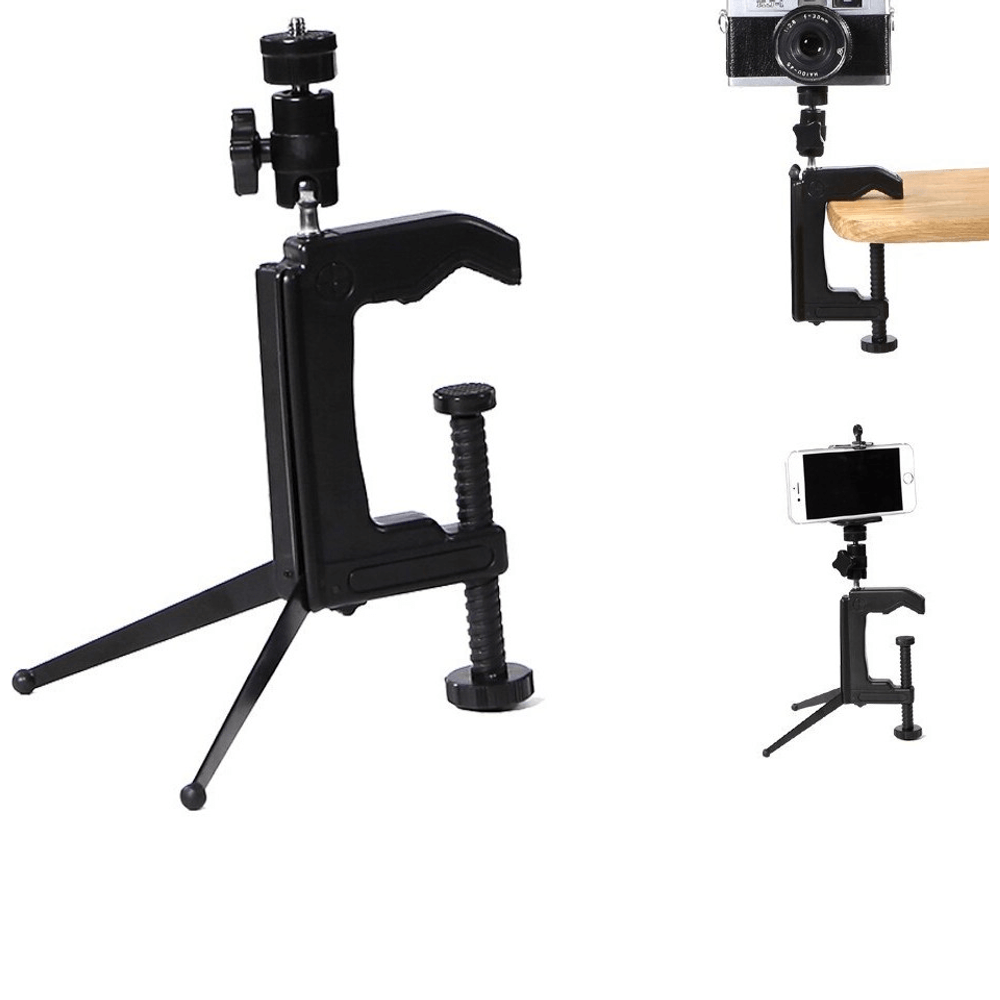 Suporte-Bracadeira-C-Clamp-e-Mini-Tripe-com-Cabeca-Ball-para-Cameras Suporte-Bracadeira-C-Clamp-e-Mini-Tripe-com-Cabeca-Ball-para-Cameras