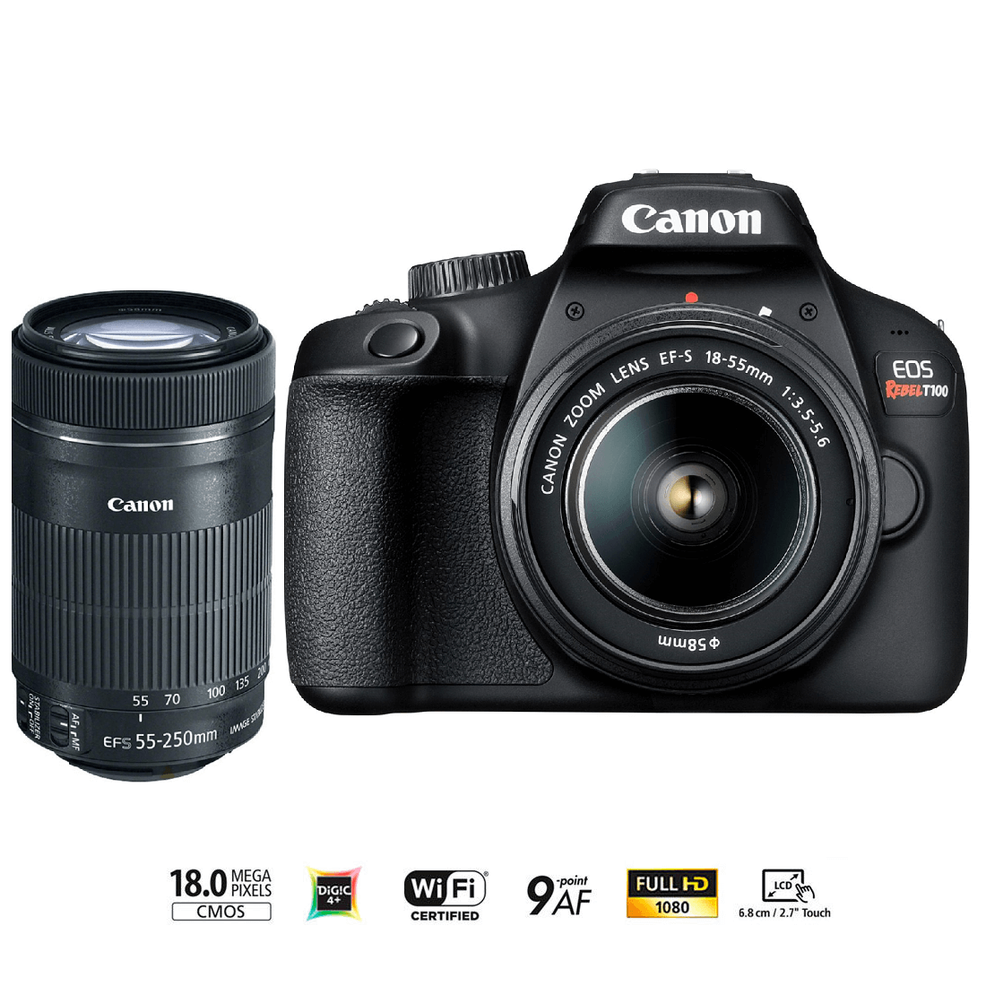 Kit Canon EOS Rebel T100 + Lentes 18-55mm e 55-250mm - eMania Foto