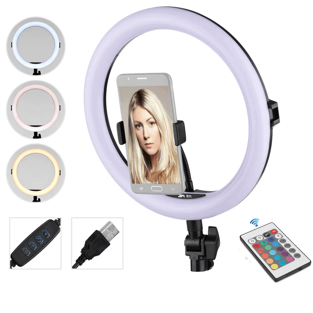 Iluminador-Led-Circular-AFI-R11-Ring-Light-28cm-Live-USB-com-Controle-Remoto-e-Suporte-de-Celular Iluminador-Led-Circular-AFI-R11-Ring-Light-28cm-Live-USB-com-Controle-Remoto-e-Suporte-de-Celular