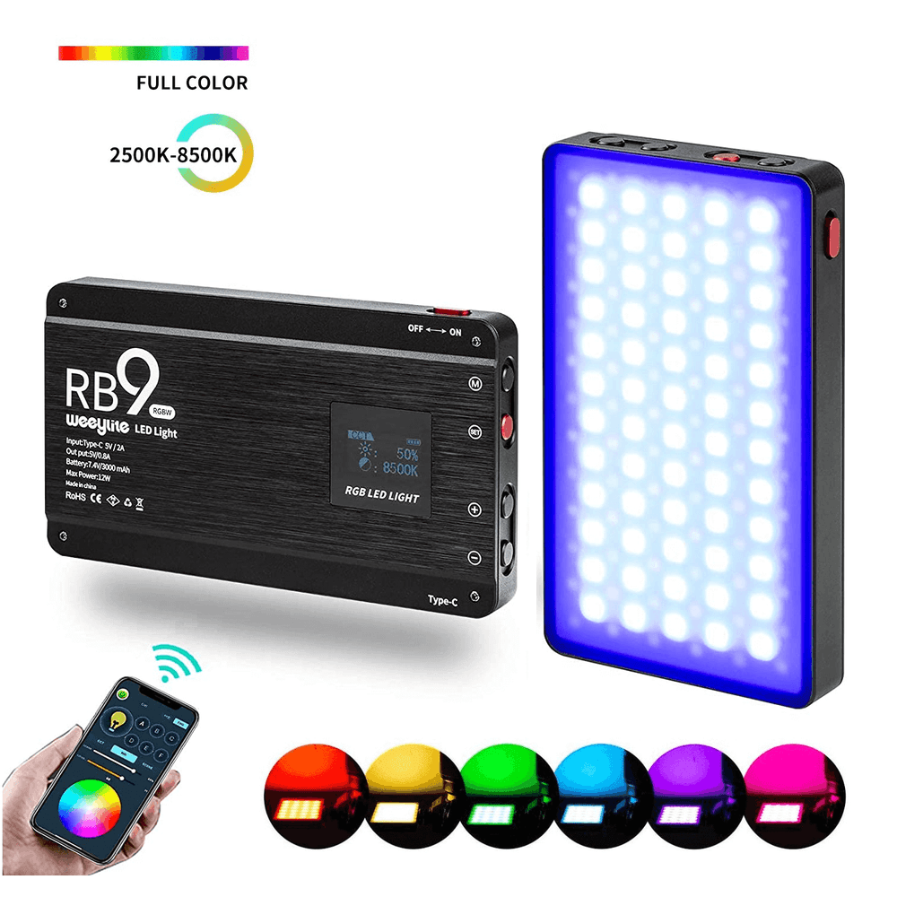 Iluminador-LED-Weeylite-RB9-RGB-Full-Color-12W-Bluetooth-com-Suporte-de-Smartphone---Mini-Tripe Iluminador-LED-Weeylite-RB9-RGB-Full-Color-12W-Bluetooth-com-Suporte-de-Smartphone---Mini-Tripe