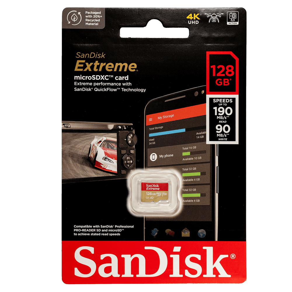 Cartão MicroSDXC 128Gb SanDisk Extreme de 190Mb/s UHS-I V30 U3 A2