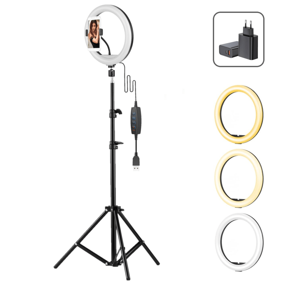 Iluminador LED Ring Light 30cm BiColor 20W com Fonte USB Tripé e Suporte de Celular