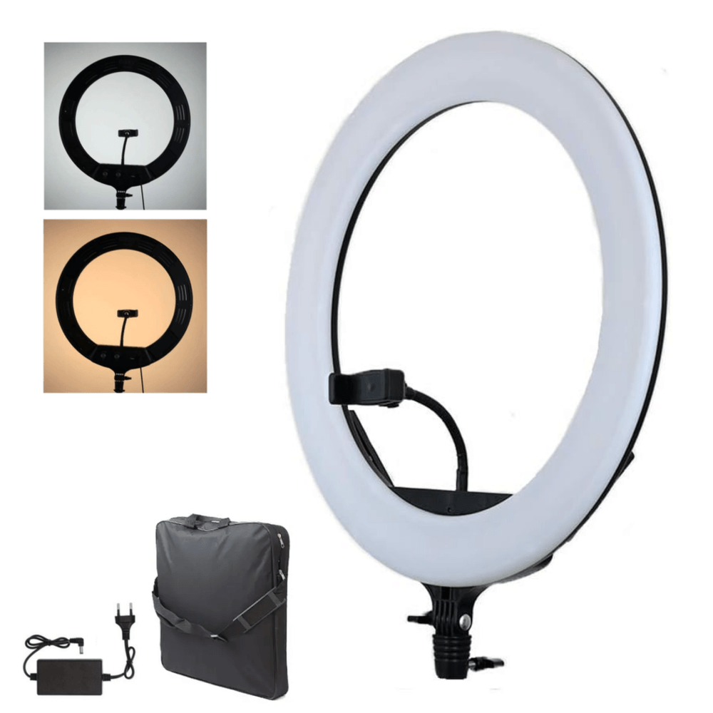 Iluminador-LED-Ring-Light-18”-Bi-Color-70W-com-Suporte-de-Celular-e-Fonte--Bivolt- Iluminador-LED-Ring-Light-18”-Bi-Color-70W-com-Suporte-de-Celular-e-Fonte--Bivolt-