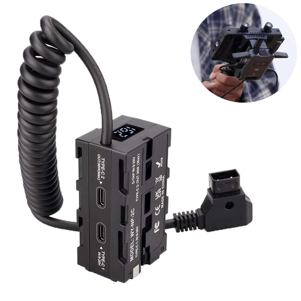 Cabo-Espiral-DC-Dummy-Dupla-Face-Bateria-NP-F550-para-D-Tap-e-USB-C Cabo-Espiral-DC-Dummy-Dupla-Face-Bateria-NP-F550-para-D-Tap-e-USB-C