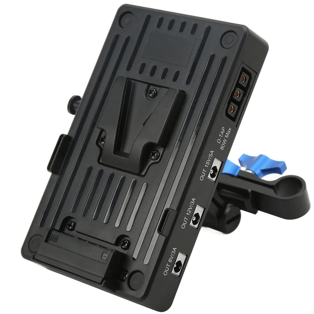 Placa-Adaptadora-Bateria-V-Mount-VG9-com-Bracadeira-Haste-15mm-Ajustavel Placa-Adaptadora-Bateria-V-Mount-VG9-com-Bracadeira-Haste-15mm-Ajustavel