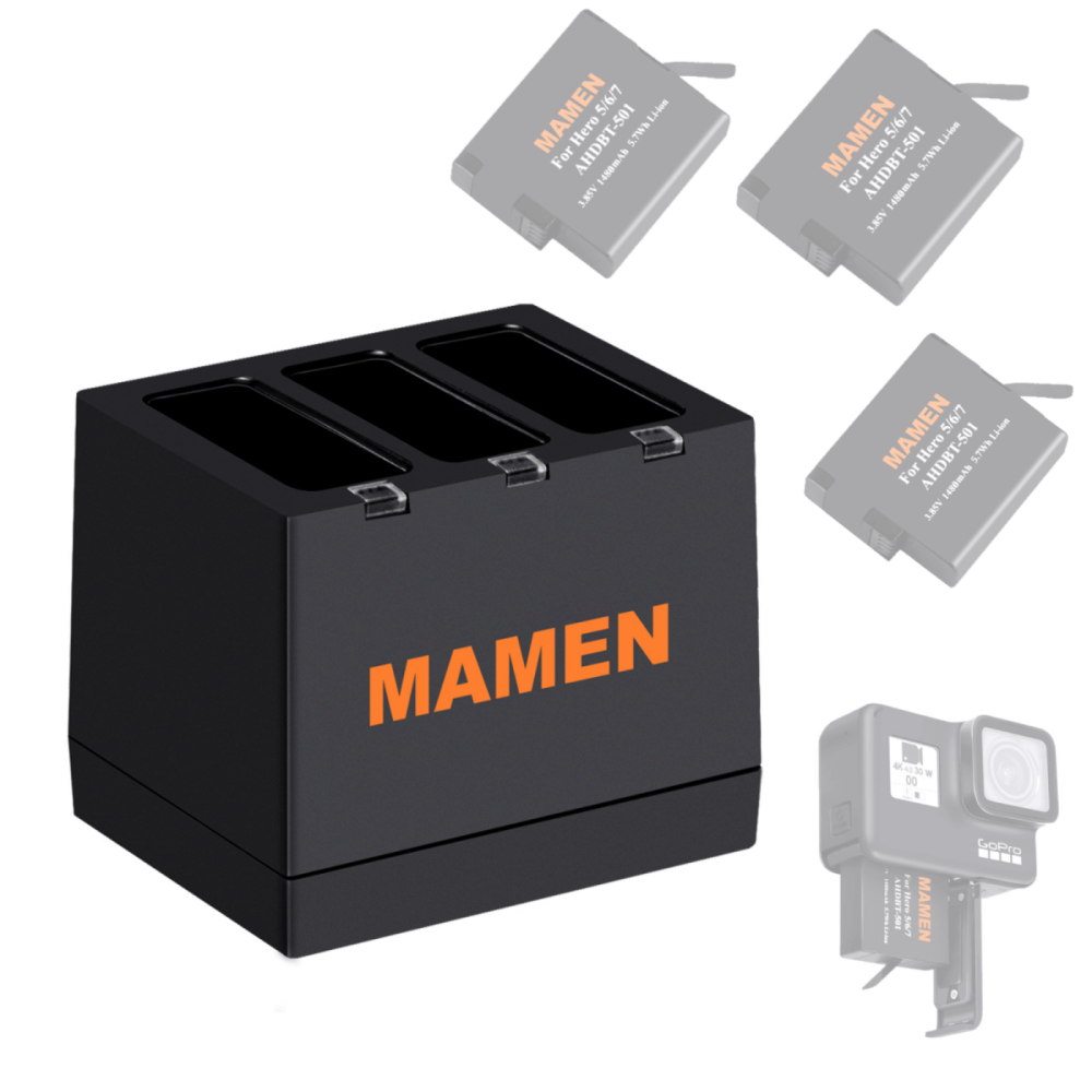 Carregador-Triplo-Mamen-BT501-para-Baterias-GoPro-Hero-8-7-6-5-Black-e-Hero-2018 Carregador-Triplo-Mamen-BT501-para-Baterias-GoPro-Hero-8-7-6-5-Black-e-Hero-2018