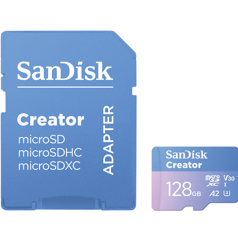 Cartao-MicroSDXC-128Gb-Sandisk-Creator-190MB-s-UHS-I-V30-U3-A2-Adaptador-SD Cartao-MicroSDXC-128Gb-Sandisk-Creator-190MB-s-UHS-I-V30-U3-A2-Adaptador-SD