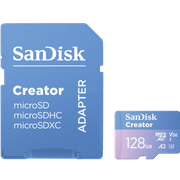 Cartao-MicroSDXC-128Gb-Sandisk-Creator-190MB-s-UHS-I-V30-U3-A2-Adaptador-SD