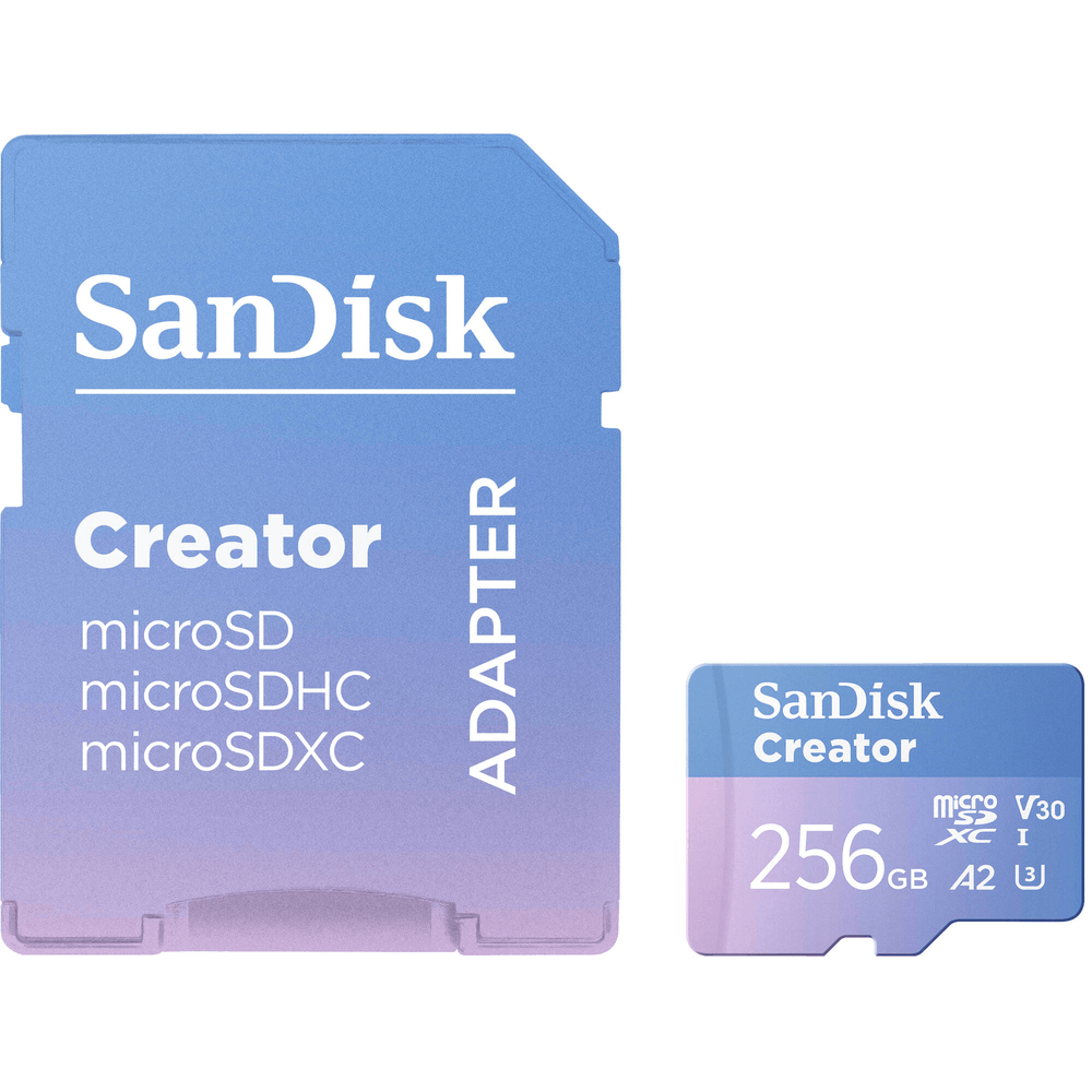 Cartao-MicroSDXC-256Gb-Sandisk-Creator-190MB-s-UHS-I-V30-U3-A2-Adaptador-SD Cartao-MicroSDXC-256Gb-Sandisk-Creator-190MB-s-UHS-I-V30-U3-A2-Adaptador-SD
