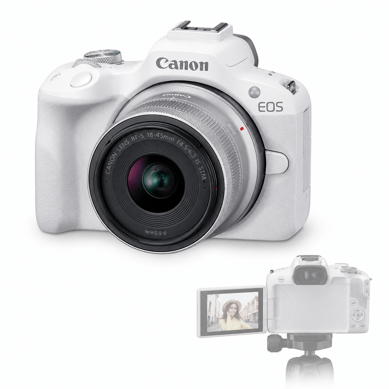 Canon EOS R50 ホワイト 18-45mmレンズ付き Câmera Canon EOS R50 4K com Lente RF-S 18-45mm Branca - eMania